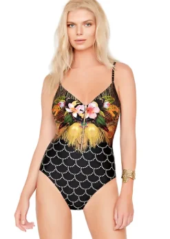 Gottex Jewel Box Amber Feathers V Neck Swimsuit