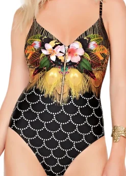 Gottex Jewel Box Amber Feathers V Neck Swimsuit