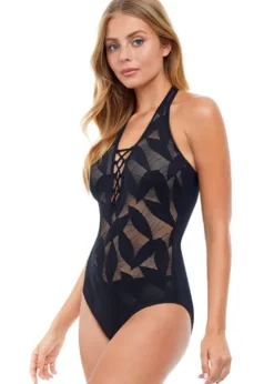 Gottex Profile Leaf Texture Halter Neck Swimsuit