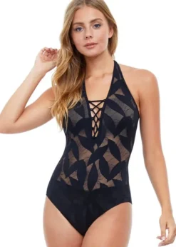 Gottex Profile Leaf Texture Halter Neck Swimsuit